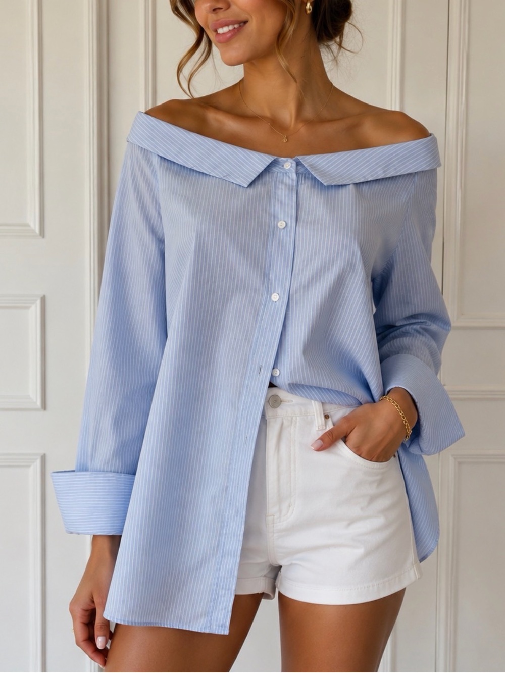 Zara Light Blue Off-Shoulder Striped Button-Down Top